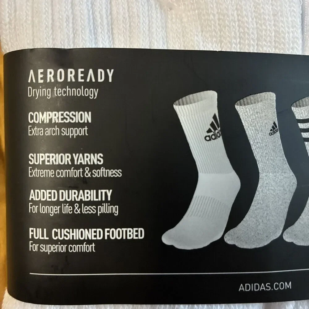 Adidas Socks Men’s Size 6-12 Cushioned Crew 6 Pair AEROREADY Compression